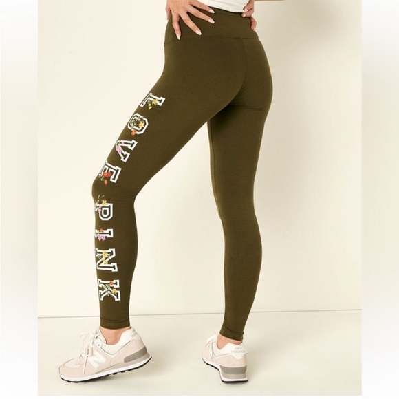 NWT Victoria’s Secret PINK Olive Green Tropical Logo Leggings S 🌴 - Picture 2 of 7
